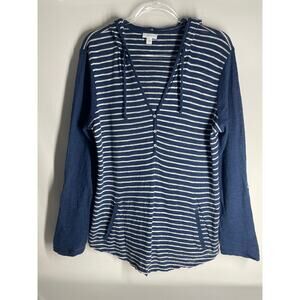 J.Jill Linen Blend Striped Roll Tab Long Sleeve Hooded Sweater Size Large